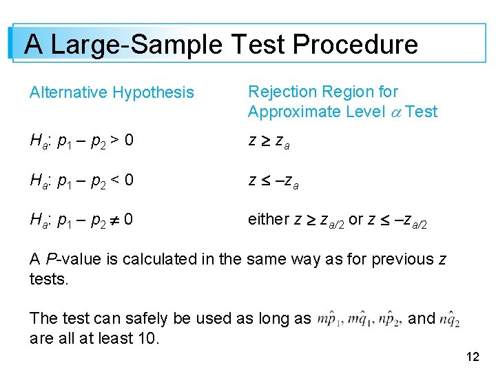 A Large-Sample Test Procedure Alternative Hypothesis Rejection Region for Approximate Level Test H a: