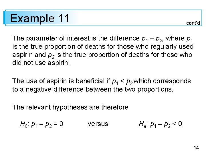 Example 11 cont’d The parameter of interest is the difference p 1 – p