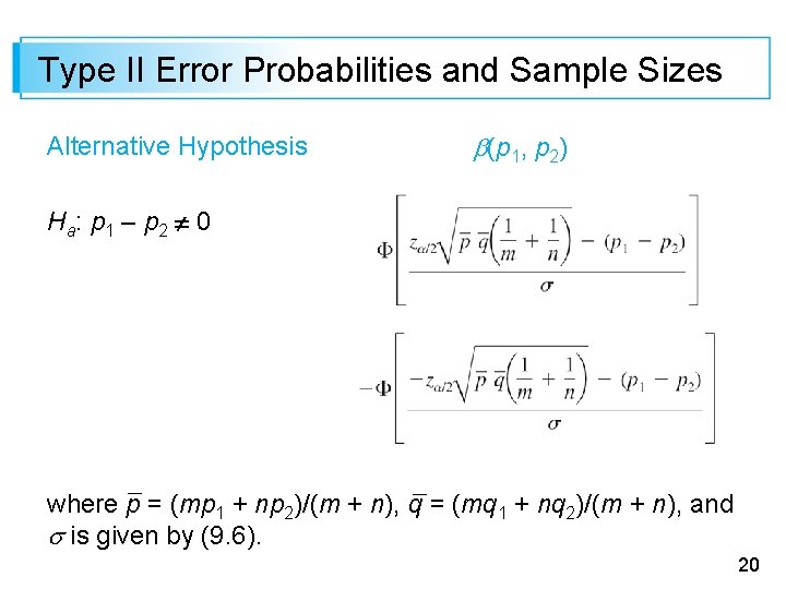 Type II Error Probabilities and Sample Sizes Alternative Hypothesis (p 1, p 2) H