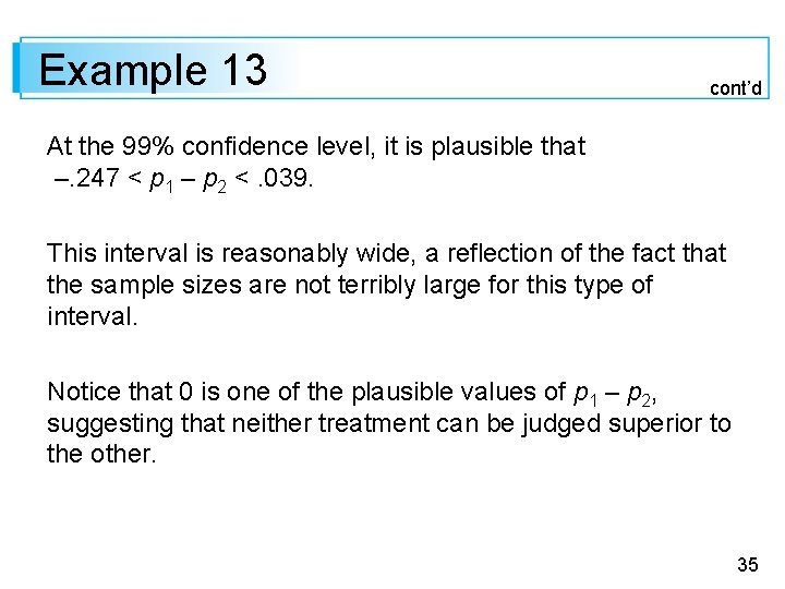 Example 13 cont’d At the 99% confidence level, it is plausible that –. 247