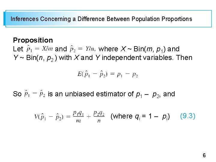 Inferences Concerning a Difference Between Population Proportions Proposition Let and where X ~ Bin(m,