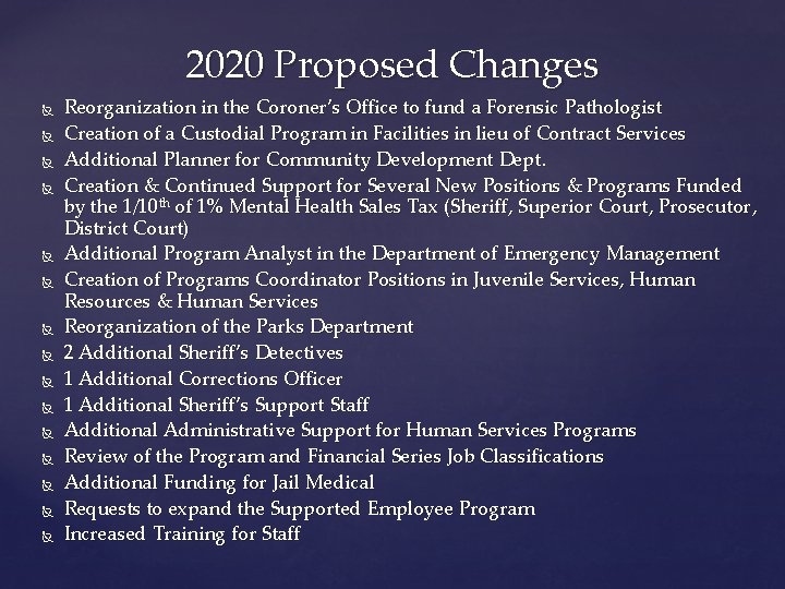 2020 Proposed Changes Reorganization in the Coroner’s Office to fund a Forensic Pathologist Creation