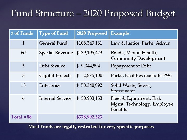 Fund Structure – 2020 Proposed Budget # of Funds Type of Fund 2020 Proposed