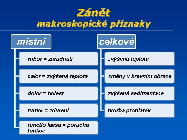 Zánět makroskopické příznaky místní celkové rubor = zarudnutí zvýšená teplota calor = zvýšená teplota