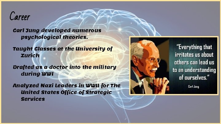 Career Carl Jung developed numerous psychological theories. Taught Classes at the University of Zurich