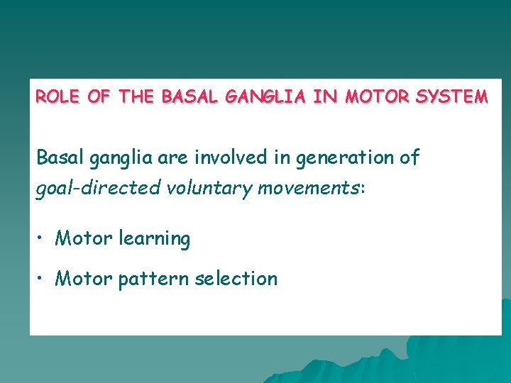 ROLE OF THE BASAL GANGLIA IN MOTOR SYSTEM Basal ganglia are involved in generation