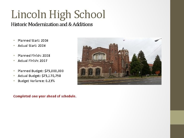 Lincoln High School Historic Modernization and & Additions • Planned Start: 2006 • Actual
