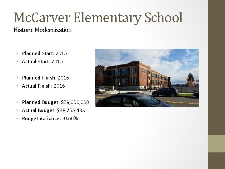 Mc. Carver Elementary School Historic Modernization • Planned Start: 2015 • Actual Start: 2015