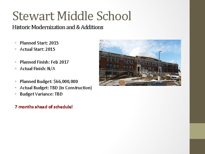 Stewart Middle School Historic Modernization and & Additions • Planned Start: 2015 • Actual