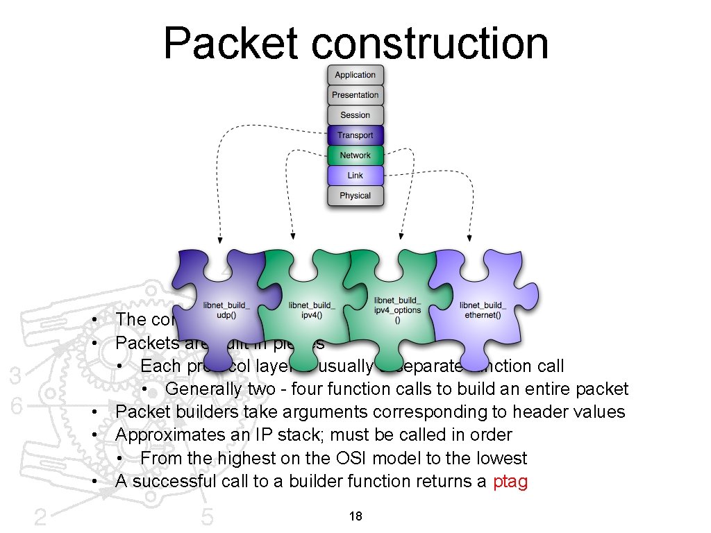 Packet construction • The core of Libnet’s functionality • Packets are built in pieces