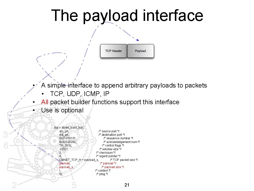 The payload interface • A simple interface to append arbitrary payloads to packets •