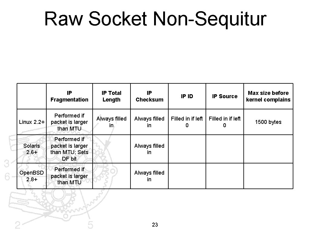 Raw Socket Non-Sequitur IP Fragmentation IP Total Length IP Checksum IP ID IP Source