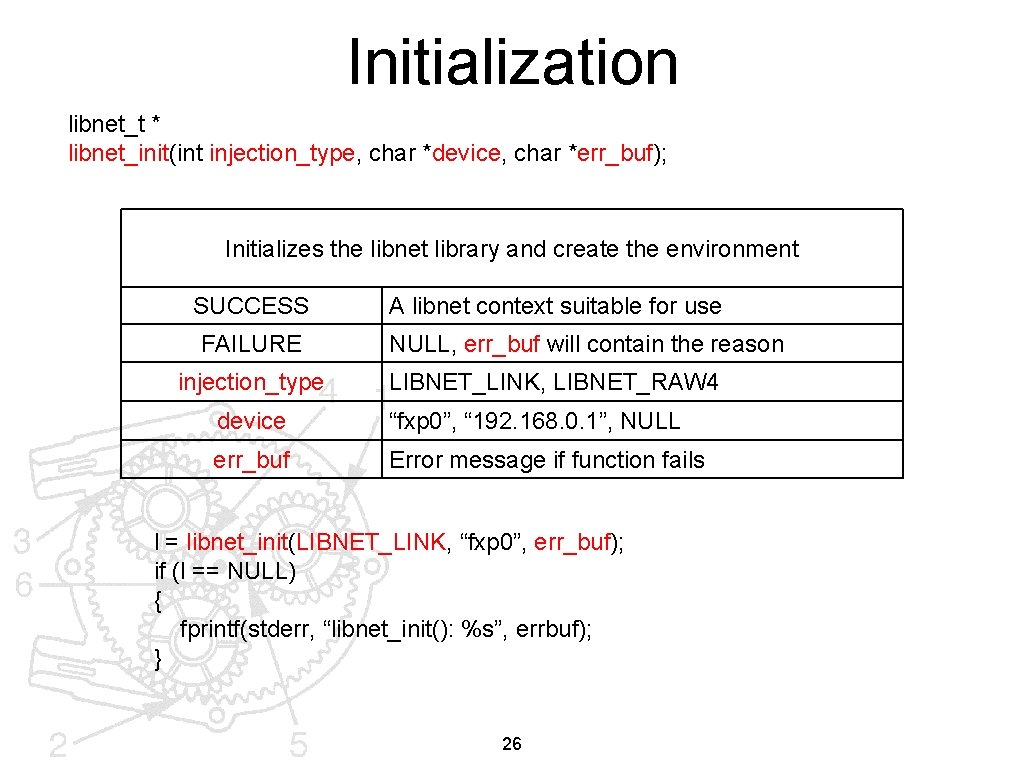 Initialization libnet_t * libnet_init(int injection_type, char *device, char *err_buf); Initializes the libnet library and