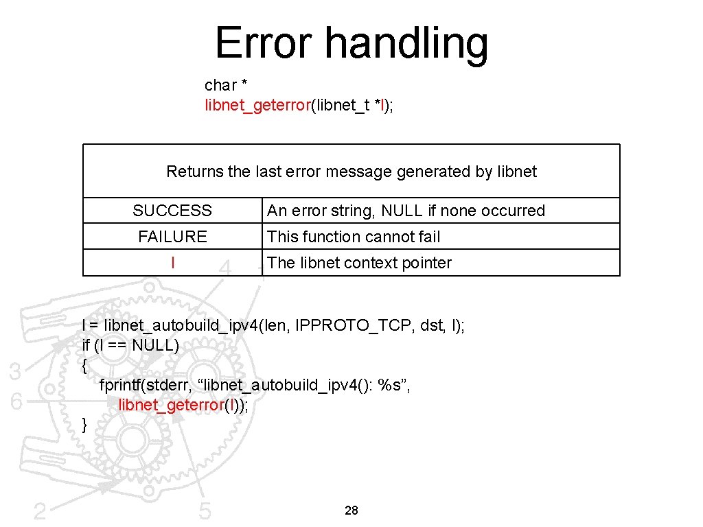 Error handling char * libnet_geterror(libnet_t *l); Returns the last error message generated by libnet