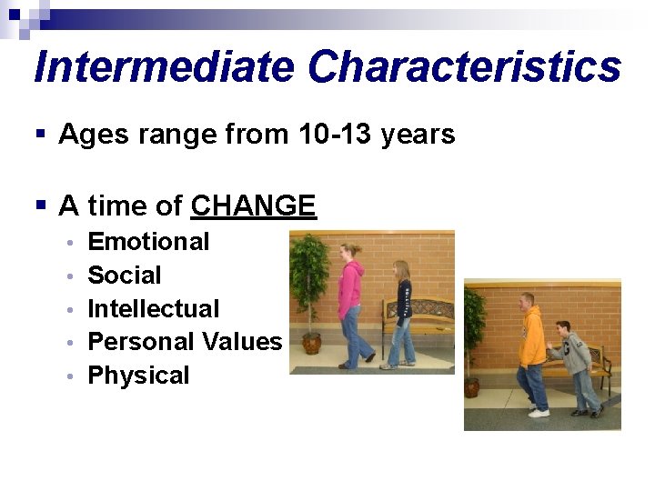 Intermediate Characteristics § Ages range from 10 -13 years § A time of CHANGE