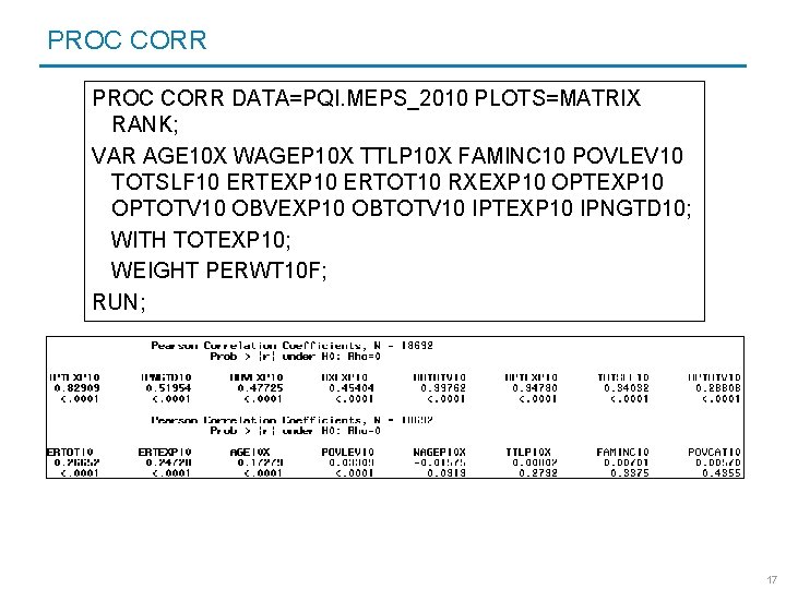 PROC CORR DATA=PQI. MEPS_2010 PLOTS=MATRIX RANK; VAR AGE 10 X WAGEP 10 X TTLP