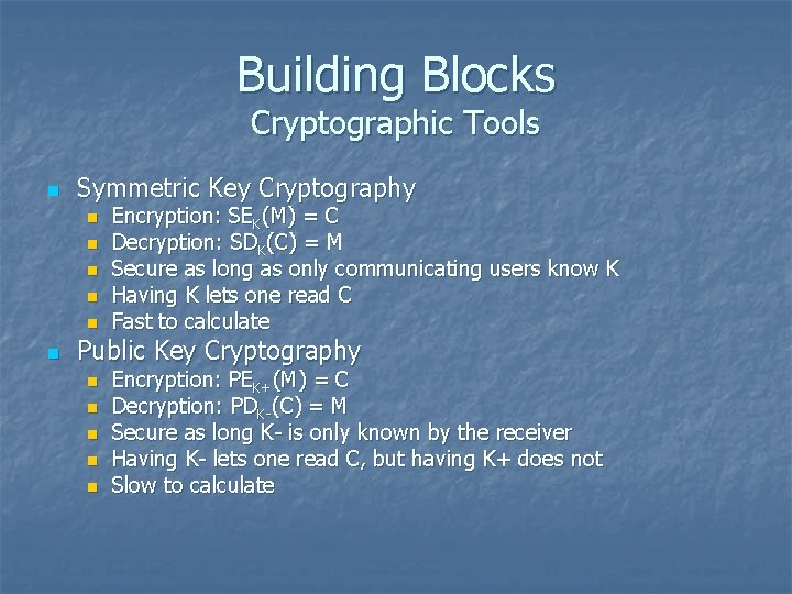 Building Blocks Cryptographic Tools n Symmetric Key Cryptography n n n Encryption: SEK(M) =