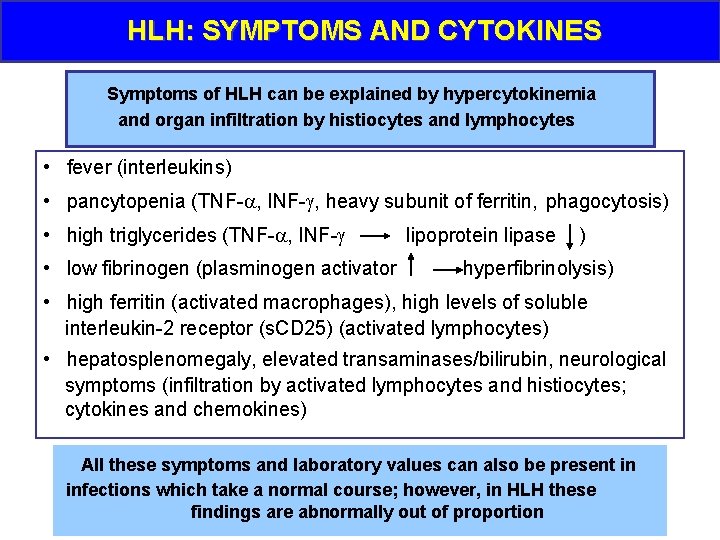 HLH: SYMPTOMS AND CYTOKINES Symptoms of HLH can be explained by hypercytokinemia and organ