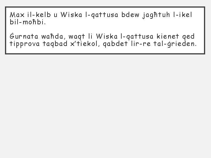 Max il-kelb u Wiska l-qattusa bdew jagħtuh l-ikel bil-moħbi. Ġurnata waħda, waqt li Wiska