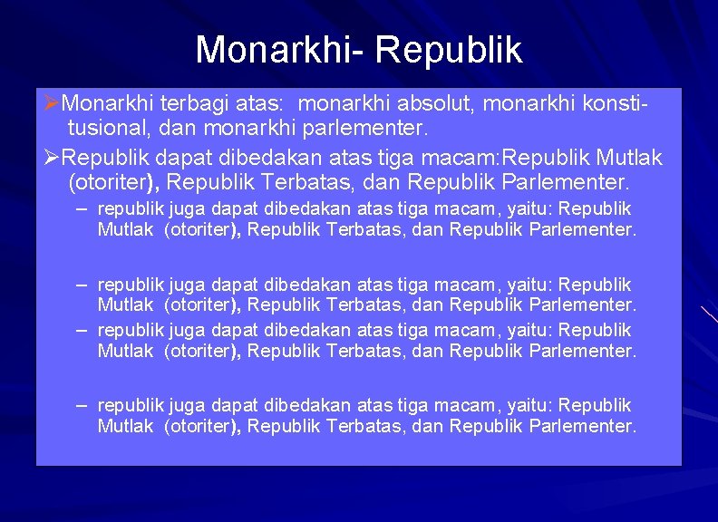 Monarkhi- Republik Monarkhi terbagi atas: monarkhi absolut, monarkhi konstitusional, dan monarkhi parlementer. Republik dapat