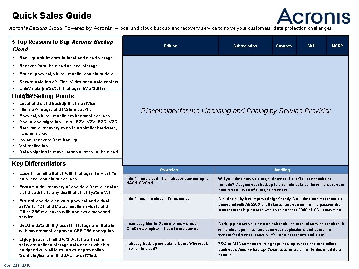 Quick Sales Guide Acronis Backup Cloud Powered by Acronis – local and cloud backup