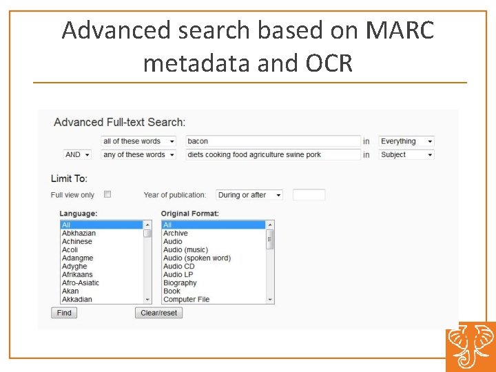 Advanced search based on MARC metadata and OCR 