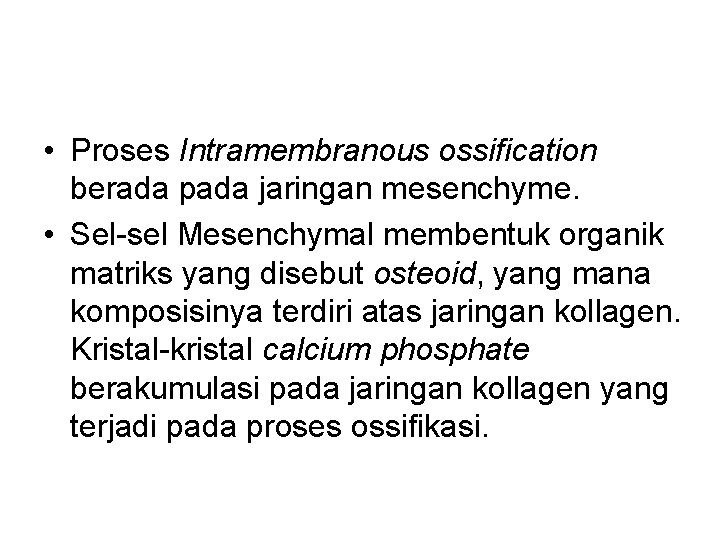  • Proses Intramembranous ossification berada pada jaringan mesenchyme. • Sel-sel Mesenchymal membentuk organik