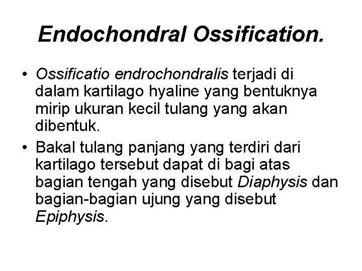 Endochondral Ossification. • Ossificatio endrochondralis terjadi di dalam kartilago hyaline yang bentuknya mirip ukuran