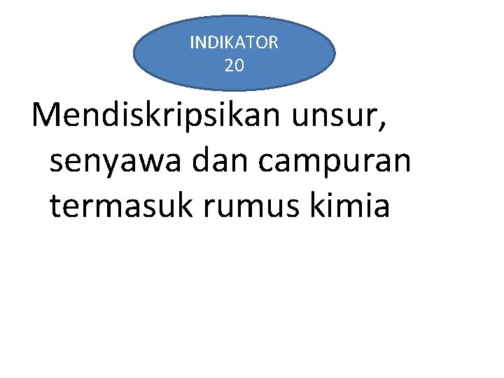 INDIKATOR 20 Mendiskripsikan unsur, senyawa dan campuran termasuk rumus kimia 