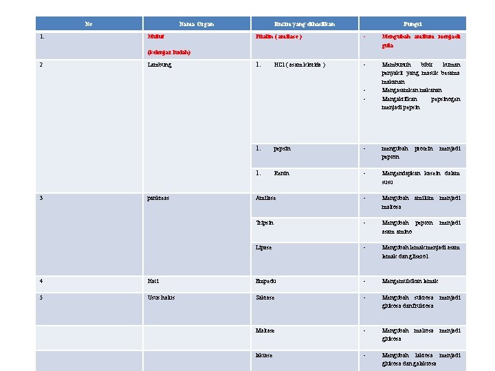 No 1. Nama Organ Mulut Enzim yang dihasilkan Fungsi Ptialin ( amilase ) -
