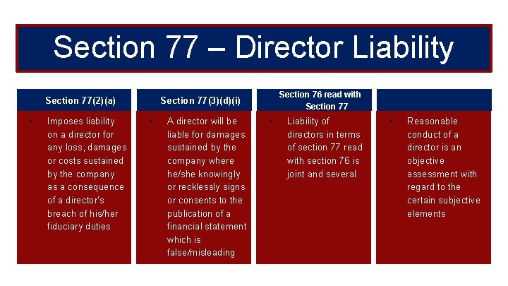 Section 77 – Director Liability Section 77(2)(a) • Imposes liability on a director for