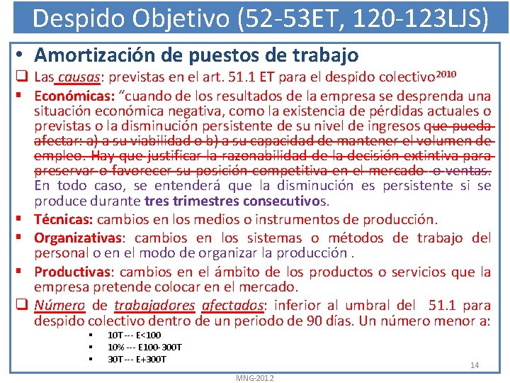 Despido Objetivo (52 -53 ET, 120 -123 LJS) • Amortización de puestos de trabajo