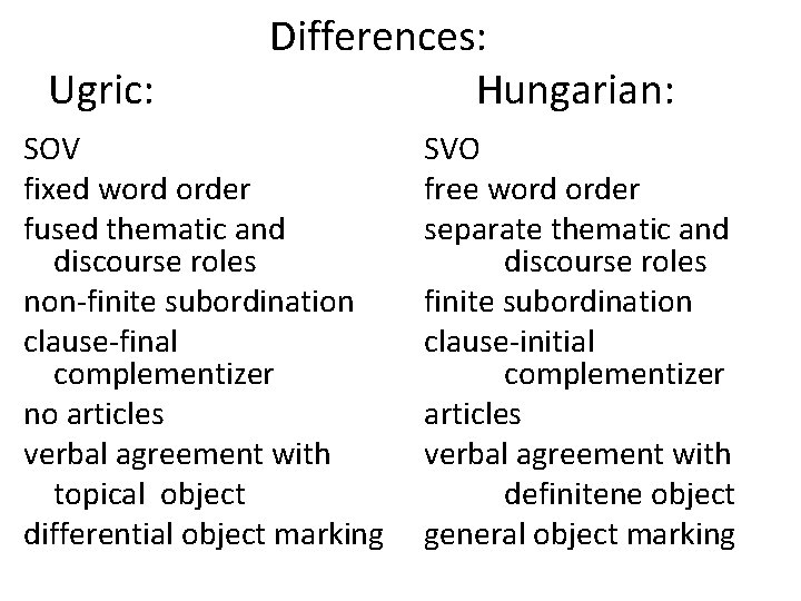  Differences: Ugric: Hungarian: SOV fixed word order fused thematic and discourse roles non-finite