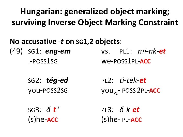 Hungarian: generalized object marking; surviving Inverse Object Marking Constraint No accusative -t on SG