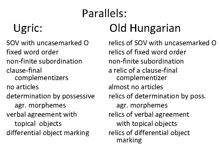 Ugric: Parallels: Old Hungarian SOV with uncasemarked O relics of SOV with uncasemarked O