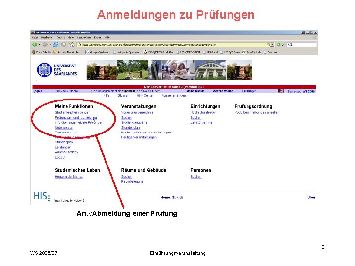 Anmeldungen zu Prüfungen An. -/Abmeldung einer Prüfung 13 WS 2006/07 Einführungsveranstaltung 