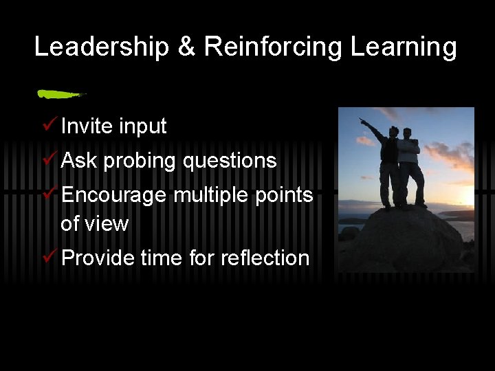 Leadership & Reinforcing Learning ü Invite input ü Ask probing questions ü Encourage multiple