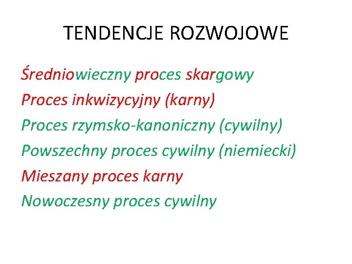 TENDENCJE ROZWOJOWE Średniowieczny proces skargowy Proces inkwizycyjny (karny) Proces rzymsko-kanoniczny (cywilny) Powszechny proces cywilny