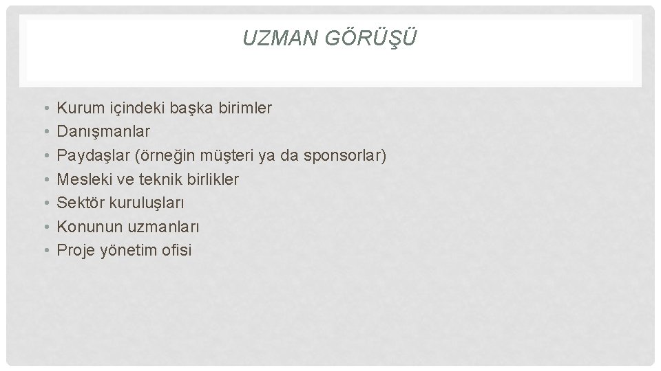 UZMAN GÖRÜŞÜ • • Kurum içindeki başka birimler Danışmanlar Paydaşlar (örneğin müşteri ya da
