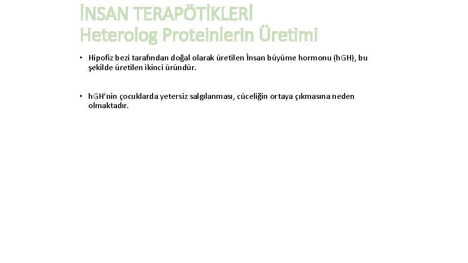 İNSAN TERAPÖTİKLERİ Heterolog Proteinlerin Üretimi • Hipofiz bezi tarafından doğal olarak üretilen İnsan büyüme