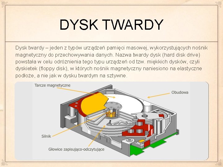 DYSK TWARDY Dysk twardy – jeden z typów urządzeń pamięci masowej, wykorzystujących nośnik magnetyczny