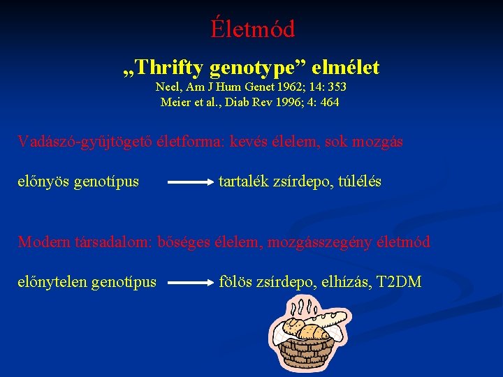 Életmód „Thrifty genotype” elmélet Neel, Am J Hum Genet 1962; 14: 353 Meier et