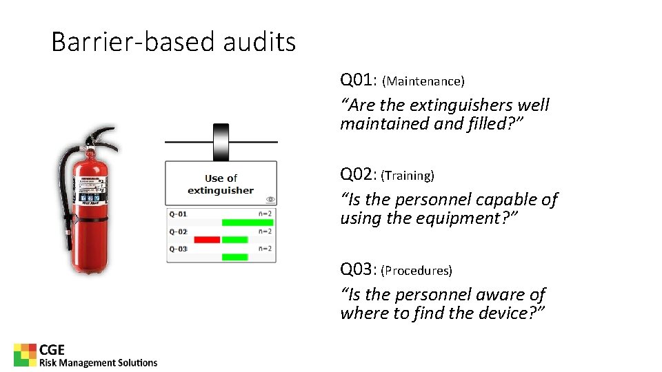 Barrier-based audits Q 01: (Maintenance) “Are the extinguishers well maintained and filled? ” Q