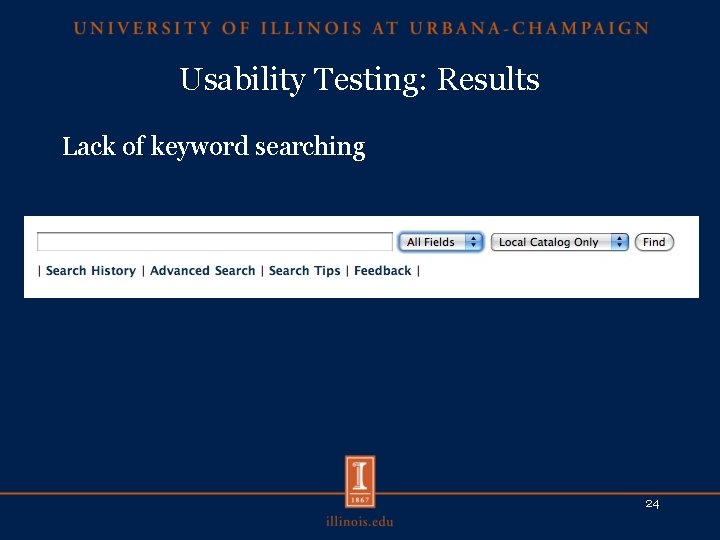 Usability Testing: Results Lack of keyword searching 24 