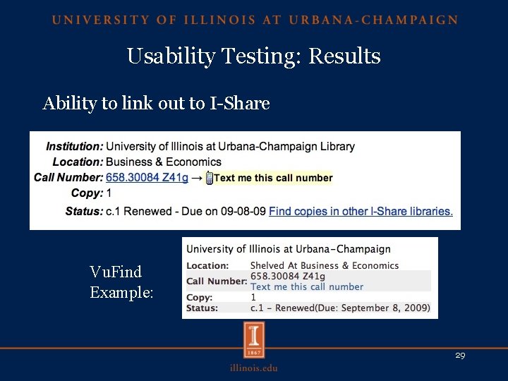 Usability Testing: Results Ability to link out to I-Share Vu. Find Example: 29 