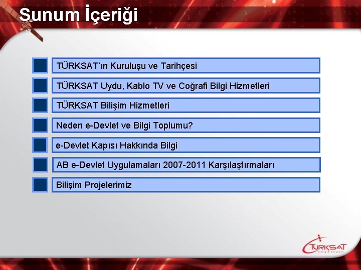 Sunum İçeriği TÜRKSAT’ın Kuruluşu ve Tarihçesi TÜRKSAT Uydu, Kablo TV ve Coğrafi Bilgi Hizmetleri