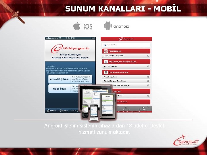 SUNUM KANALLARI - MOBİL Android işletim sistemli cihazlardan 18 adet e-Devlet hizmeti sunulmaktadır. 