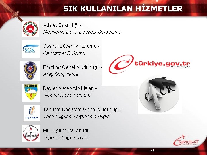 SIK KULLANILAN HİZMETLER Adalet Bakanlığı Mahkeme Dava Dosyası Sorgulama Sosyal Güvenlik Kurumu 4 A