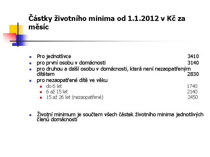 Částky životního minima od 1. 1. 2012 v Kč za měsíc n n Pro