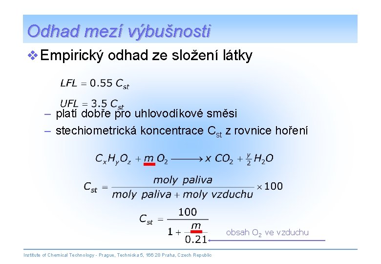 Odhad mezí výbušnosti v Empirický odhad ze složení látky – platí dobře pro uhlovodíkové
